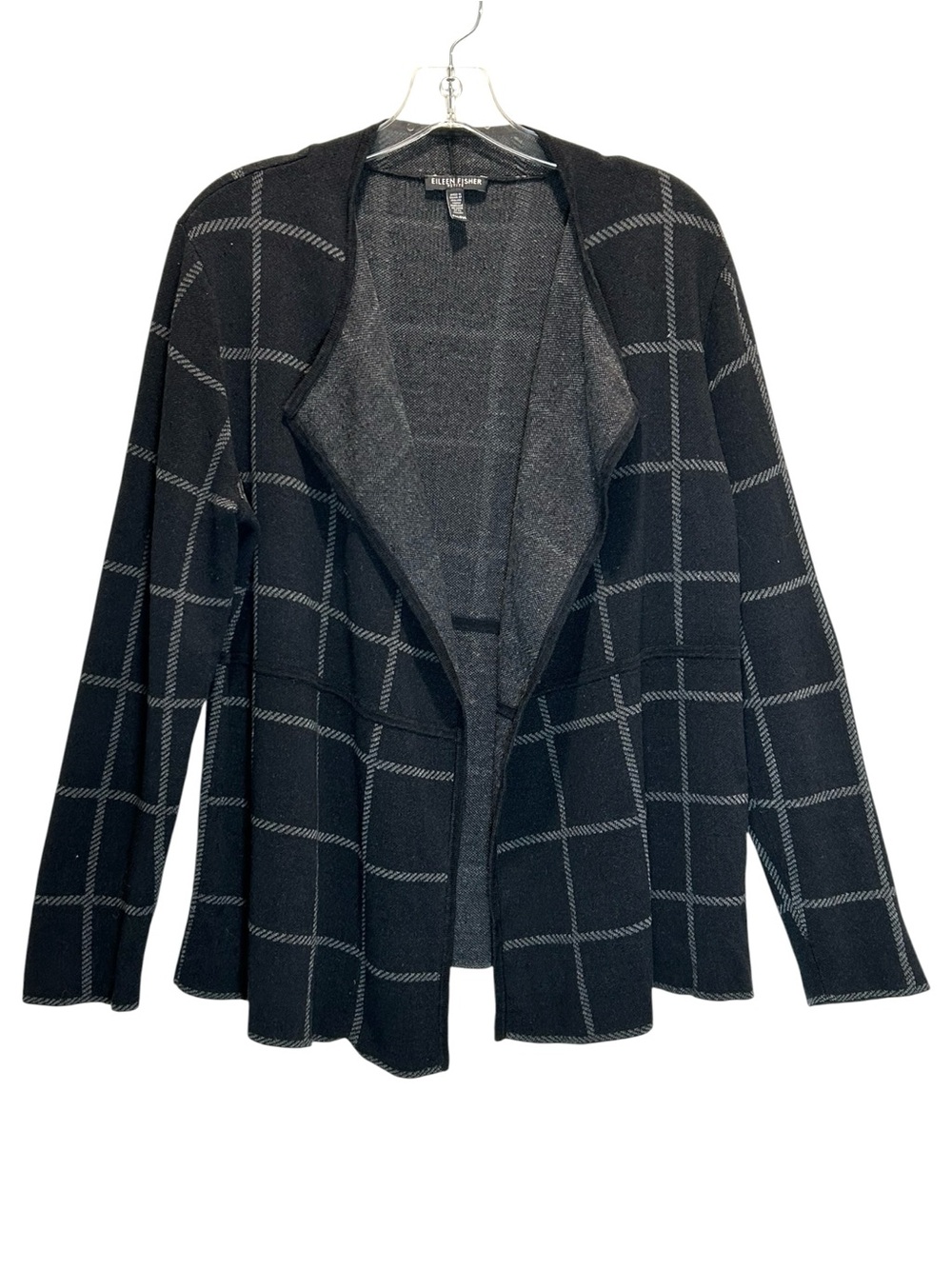Eileen Fisher Organic Linen Black Windowpane Open Cardigan - Petite Medium